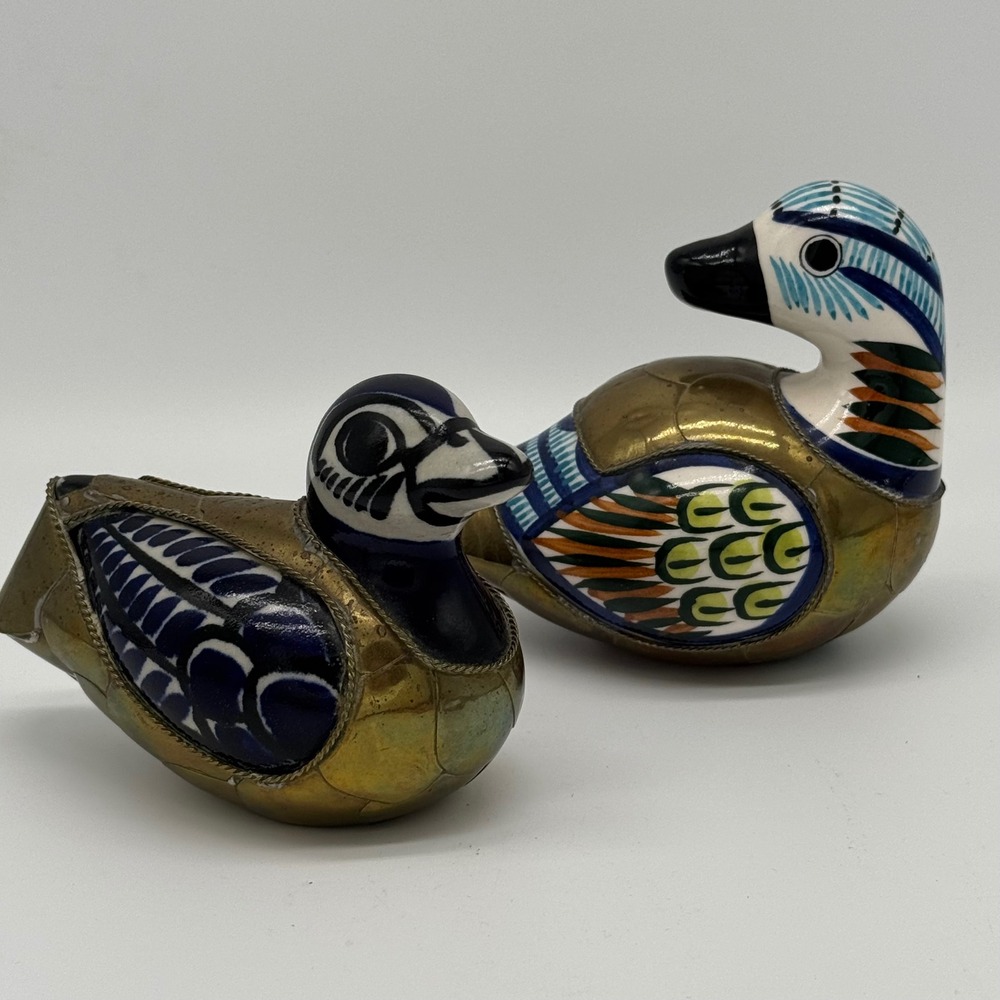 Vtg Tonala Mexico Brass Armored Duck Figurine Pair Set Mixed Media Folk Art 2pc